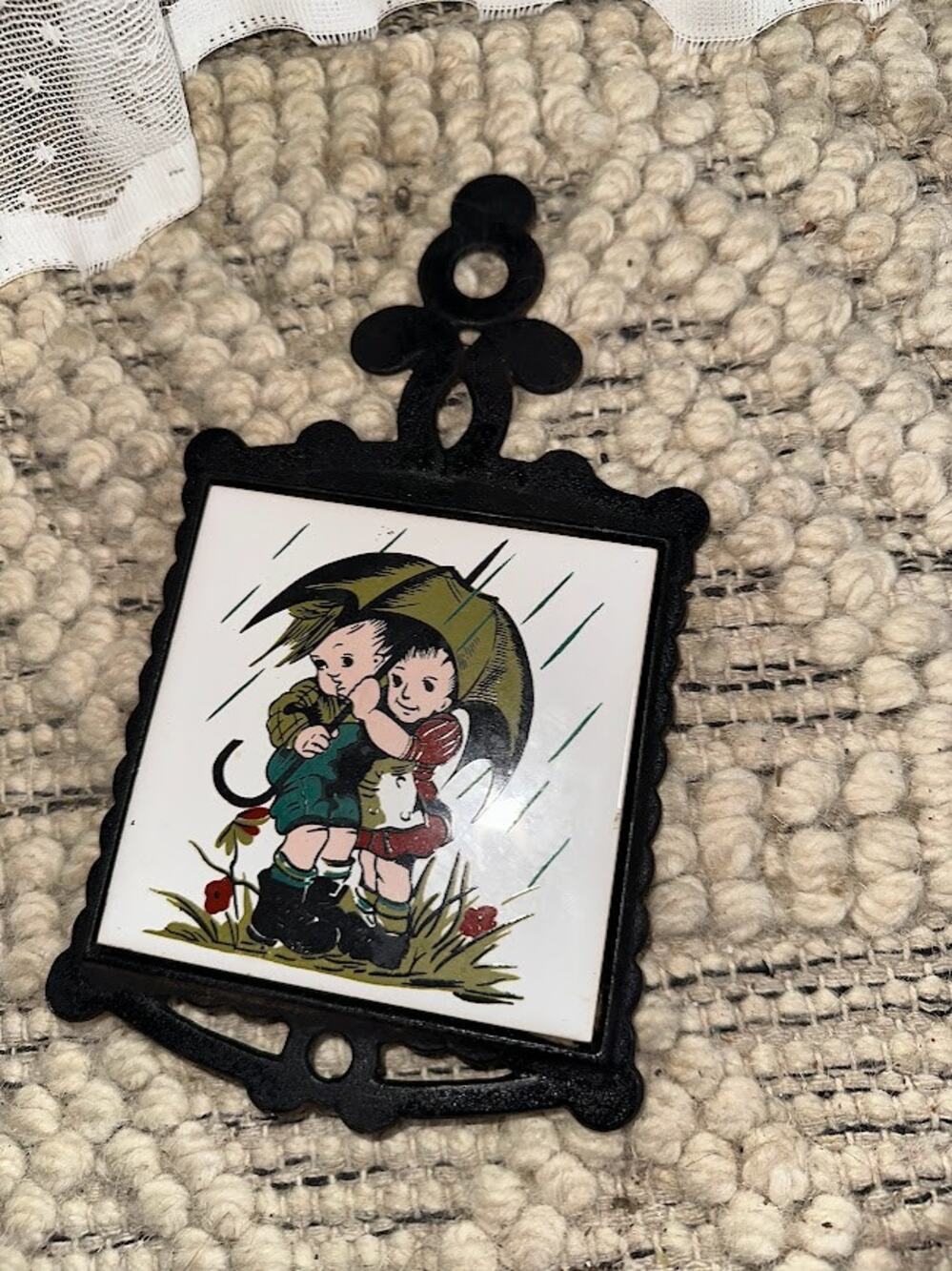 Cathay Tile Trivet Children Umbrella Cast Iron Frame Taiwan Wall Decor